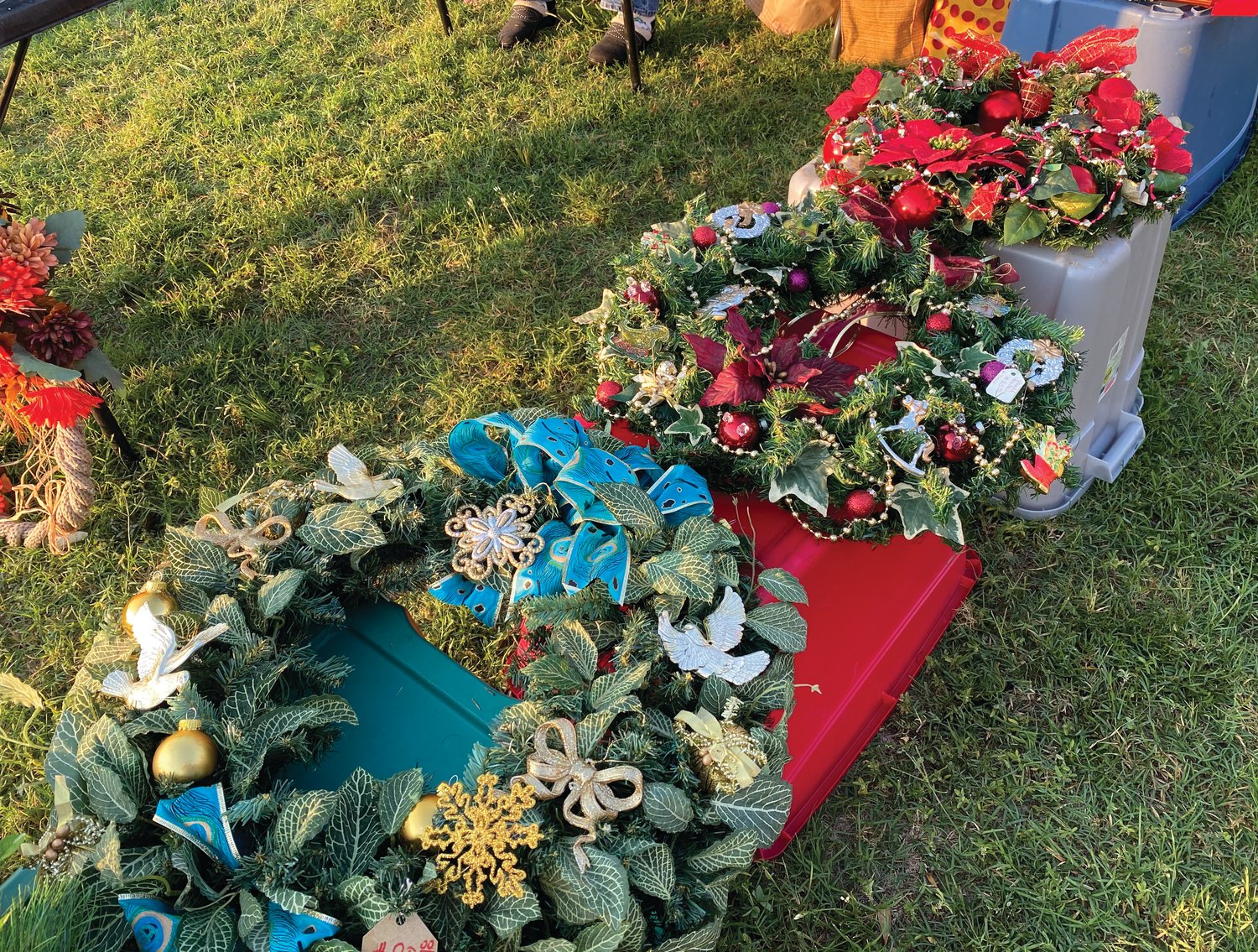 Some of the wreaths made with Christmas ornaments by Charlie Deschiel, She trained in floral design.